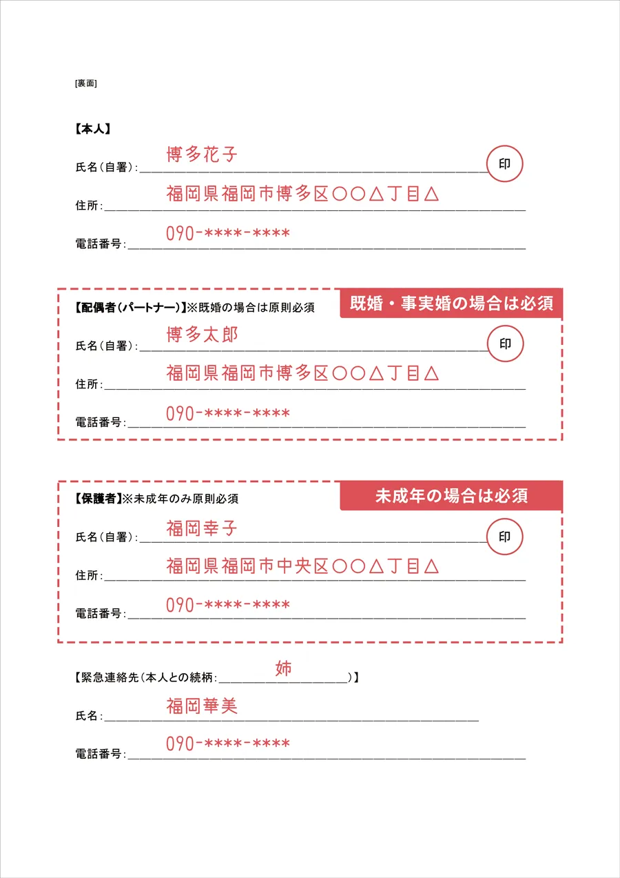 ひよりレディースクリニック福岡博多の中絶同意書の書き方画像|裏面